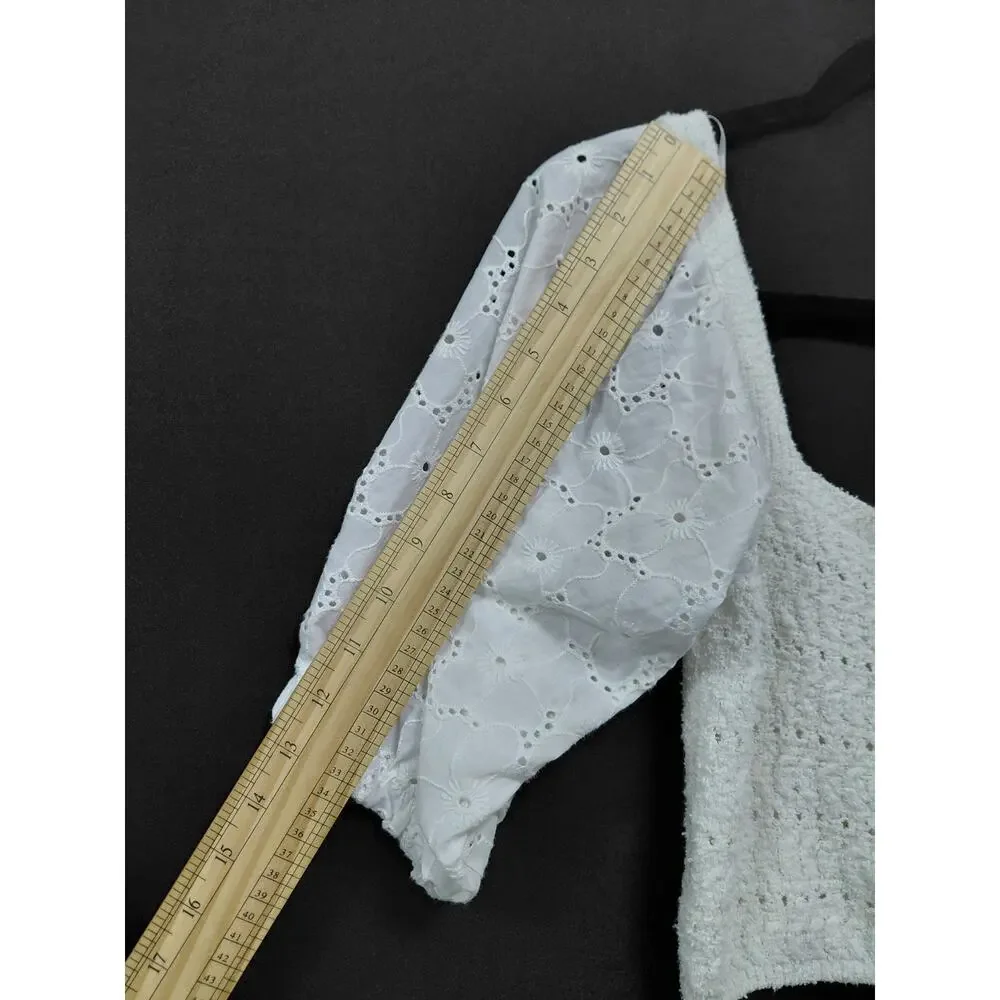 ZARA White Eyelet Puff Sleeve Top 3/4 Sleeve Square Neck Women Size S